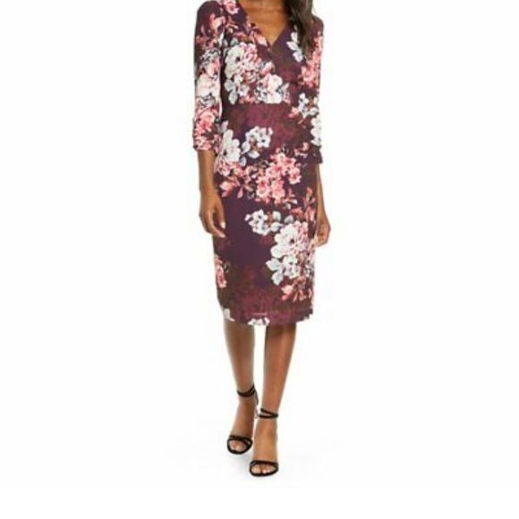 Eliza J Dresses & Skirts - Eliza J Burgundy Purple Pink Floral Dress V Neck Fitted 3/4 Sleeve